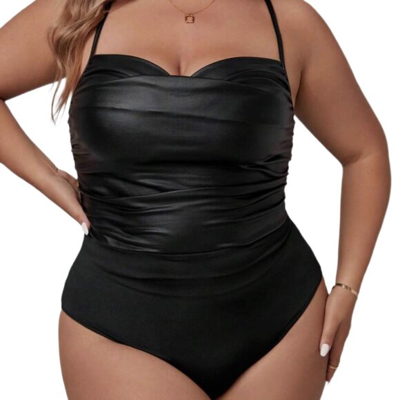 SHEIN Tops - SHEIN Faux Leather Ruched Bodysuit Size XL | Black Stretch Night Out Top